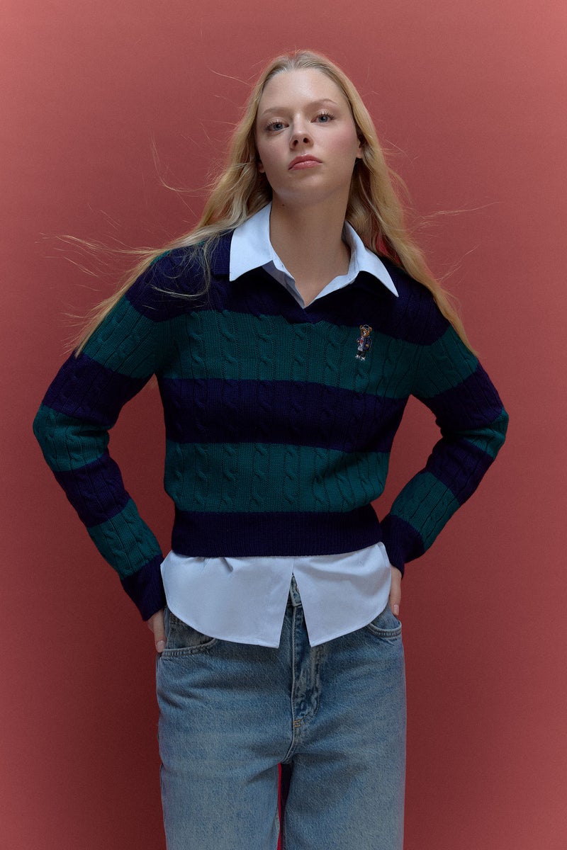 DeFacto Blue Woman Regular Fit Polo Collar Striped Pullover Casual - Image 1